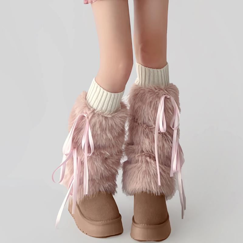 レッグウォーマー レディース かわいい 冬 もこもこ ふわふわ ファー 厚手 あったか かかとなし 暖かい 保温 防寒 足首 ふくらはぎ 冷え性 着脱 簡単 ソックスカバー ストレッチ Y2K JK ロリータ ガーリー リボン 白 ピンクアプリコット