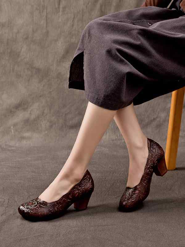 靴 レディース 歩きやすい パンプス おしゃれ 通勤 婦人 レトロ アンティーク調 履き口 浅め シューズ 春夏秋冬 太ヒール ラウンドトゥ ブラウン 花