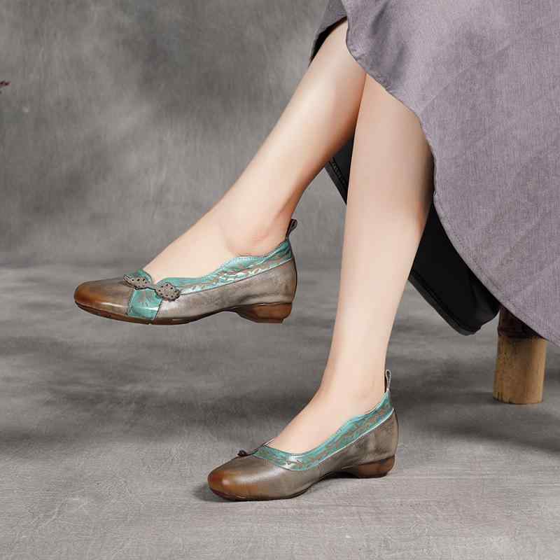 靴 レディース 歩きやすい パンプス おしゃれ 通勤 レトロ ヴィンテージ風 牛革 ローヒール フラット ラウンドトゥ 浅口 シングルシューズ 快適 普段使い エスニック系 グレー