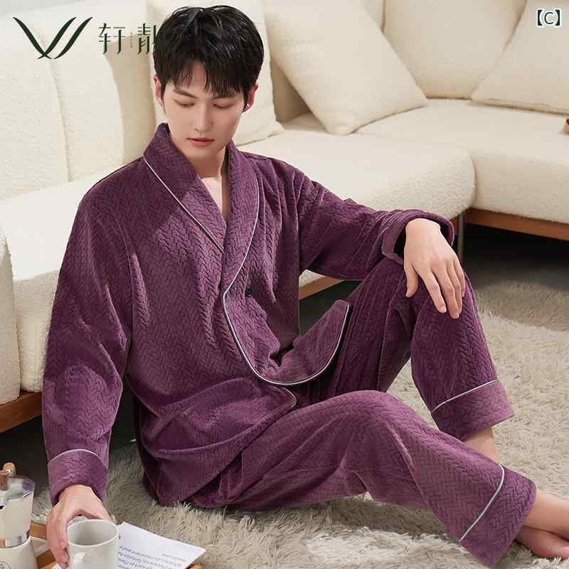 パジャマ メンズ 冬 チャイナ風 ボタン 柔らかい 暖かい 厚手 長袖 ルームウェア 上下セット ステッチ ウエストゴム 大きいサイズ グレー 黒 紫