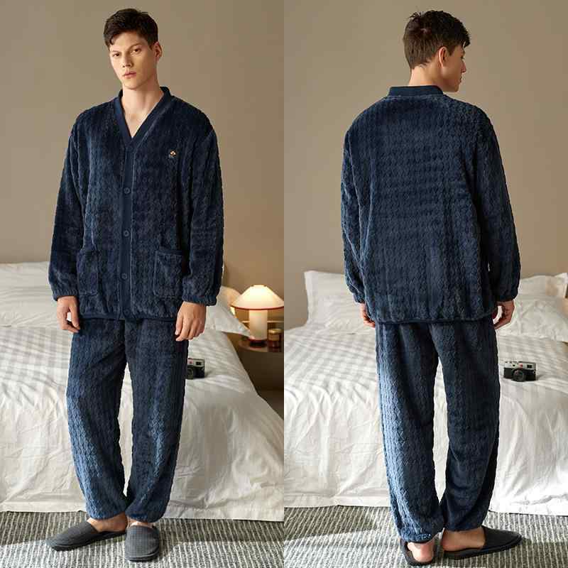 メンズ パジャマ 冬 暖かい フランネル 秋 厚手 ルームウェア 上下セット ポリエステル 長袖 vネック フリース ウエストゴム シンプル カジュアル おしゃれ 大きいサイズ 青 グレー パンツ ポケット