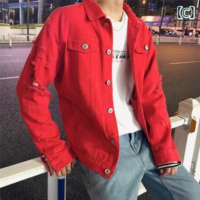 メンズ デニムジャケット Gジャン 大きいサイズ アウター 襟 付き ボタン ポケット 長袖 ダメージ加工 ジャンパー ブルゾン スリムフィット ワッペン 装飾 カジュアル ストリート アメカジ 普段使い おしゃれ スタイリッシュ 黒 白 赤