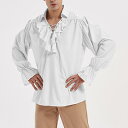 中世 服 メンズ レトロ 大きいサイズ ゆったり 長袖 シャツ 襟 レースアップ フリル パフスリーブ 衣装 コスチューム シンプル 無地 ピンク 赤 白