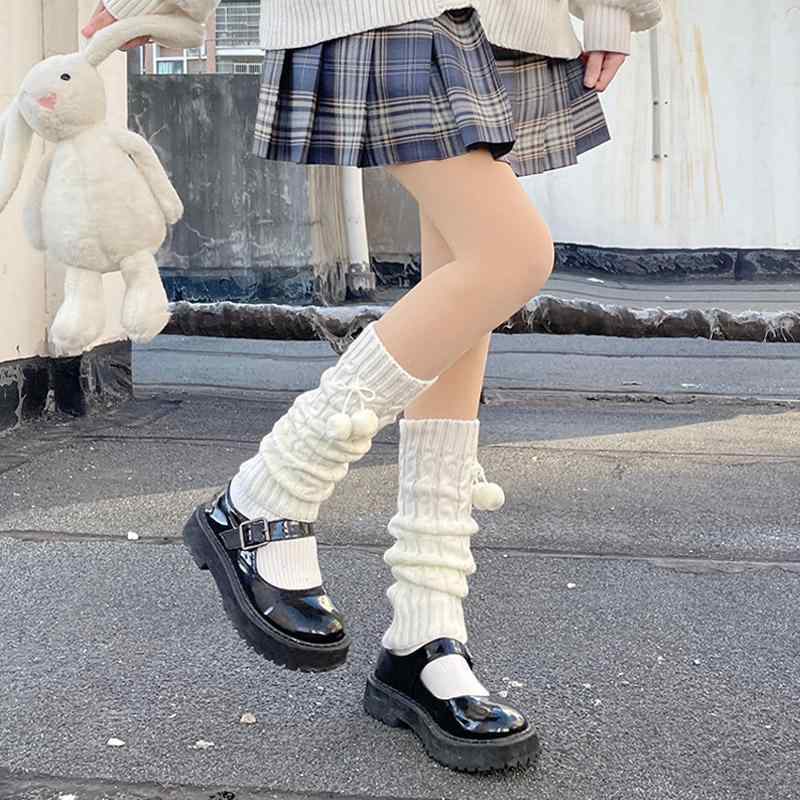 レッグウォーマー レディース かわいい 冬 ゆったり 厚手 あったか かかとなし 暖かい 保温 防寒 足首 ふくらはぎ 冷え性 着脱 簡単 アクリル ニット ソックスカバー ストレッチ JK ロリータ ガーリー ポンポン リボン 黒 白 ピンク