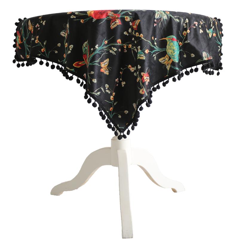 テーブルクロス おしゃれ カントリー アメリカン プリント 花 鳥 蝶々 ピアノ カバー 防塵 リビング 生地 レトロ 布 フランネル インテリア 装飾 ポンポン 黒