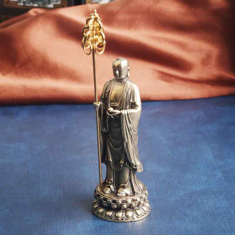 置物 インテリア 真鍮 禅 杖 地蔵 菩薩 卓上 装飾 礼拝 ブロンズ 彫刻 工芸品 仏像 銅 金 メッキ レトロ 書斎 リビング 玄関 チャイナ風