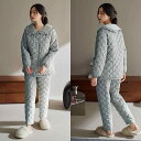 パジャマ レディース 冬 上下セット 3層 厚手 キルティング 防水 防風 裏起毛 丸襟 かわいい ルームウェア 柔らかい ステッチ ウエストゴム 長袖 フリル...