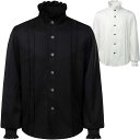 中世 服 レトロ メンズ 大きいサイズ ゆったり 長袖 シャツ シングルブレスト ボタン スタンドカラー フリル コスチューム シンプル 無地 白 黒