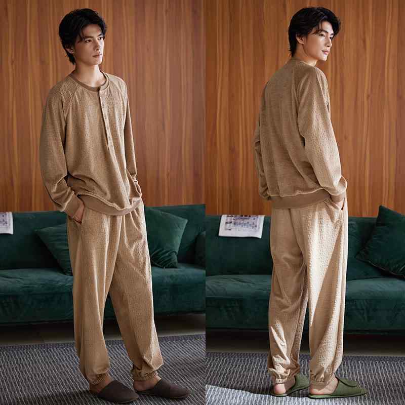 パジャマ メンズ 冬 起毛 厚手 暖かい 柔らかい 長袖 英字 ルームウェア 上下セット ステッチ ポケット ボタン ラウンドネック ウエストゴム 大きいサイズ 茶 グレー