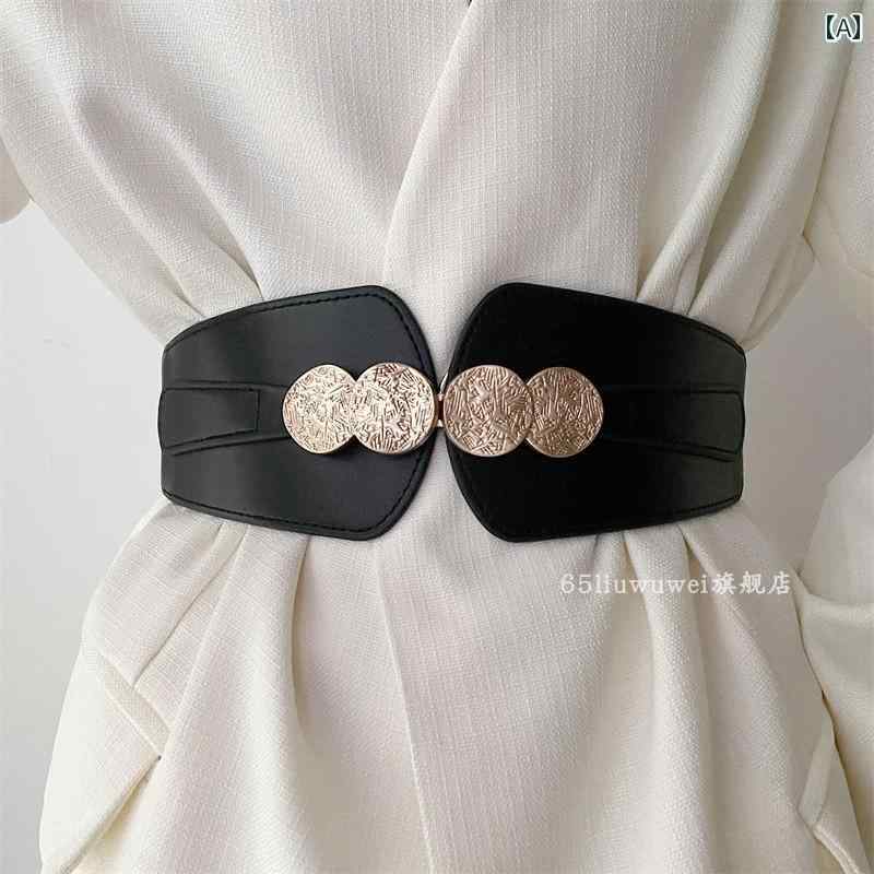 ウエストマーク ベルト レディース 大人 普段使い 外出用 ワイド 幅広 伸縮性 PUレザー 柔らかい シングルループ フック 合金 バックル おしゃれ 黒 茶