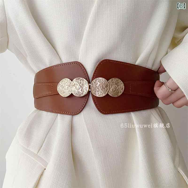 ウエストマーク ベルト レディース 大人 普段使い 外出用 ワイド 幅広 伸縮性 PUレザー 柔らかい シングルループ フック 合金 バックル おしゃれ 黒 茶