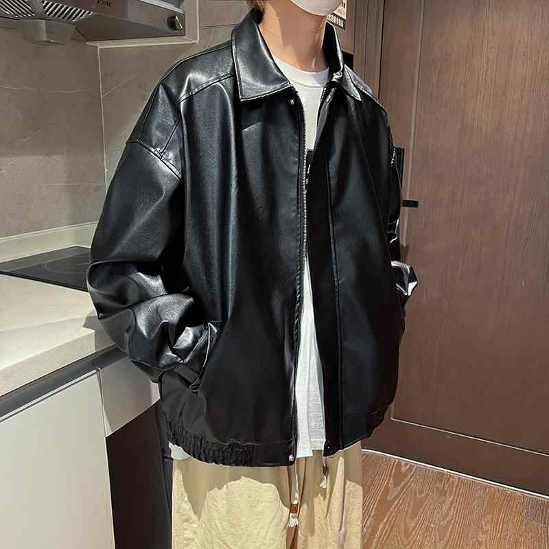 メンズ レザー ジャケット 春秋 PU 長袖 襟 ジップアップ ドロップショルダー ゆったり アウター オー..