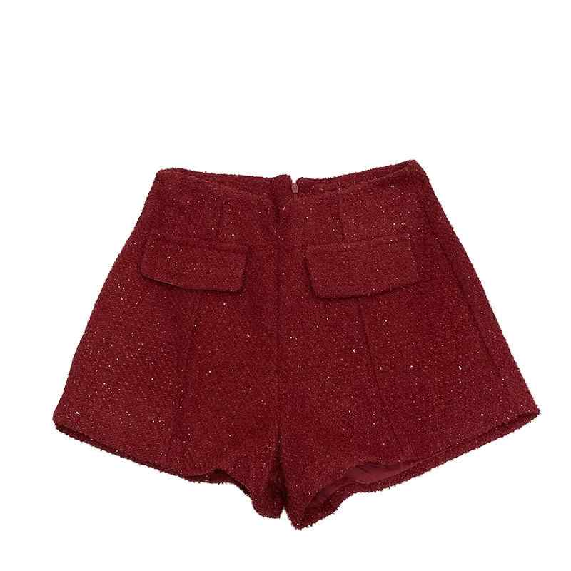 ショートパンツ 冬 レディース レトロ ワイドレッグ 女性 秋 ハイウエスト Aライン スリム ツイード 赤 黒 大人 おしゃれ ボトムス