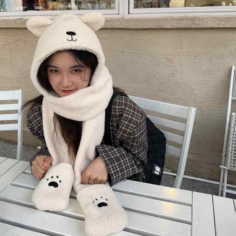 マフラー レディース フード 一体型 手袋 韓国 秋冬 くまみみ もこもこ 厚手 暖かい かわいい 防風 防寒グッズ お出かけ プレゼント クリスマス 誕生日 アイボリー 茶色