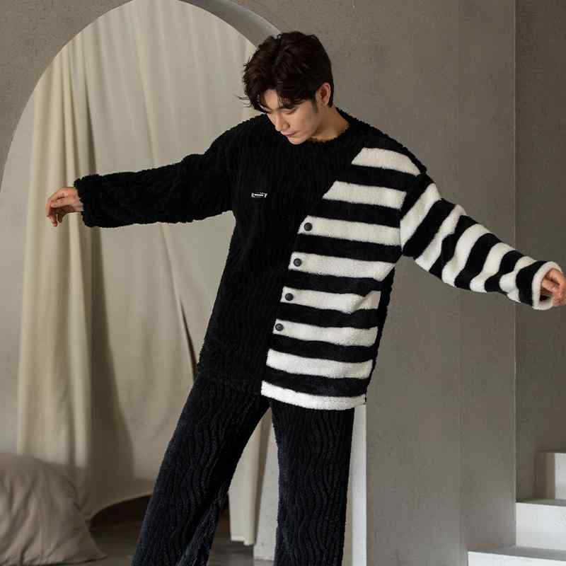 パジャマ メンズ 冬用 上下セット 厚手 暖かい 裏地 フリース ルームウェア 外出可能 ラウンドネック ..