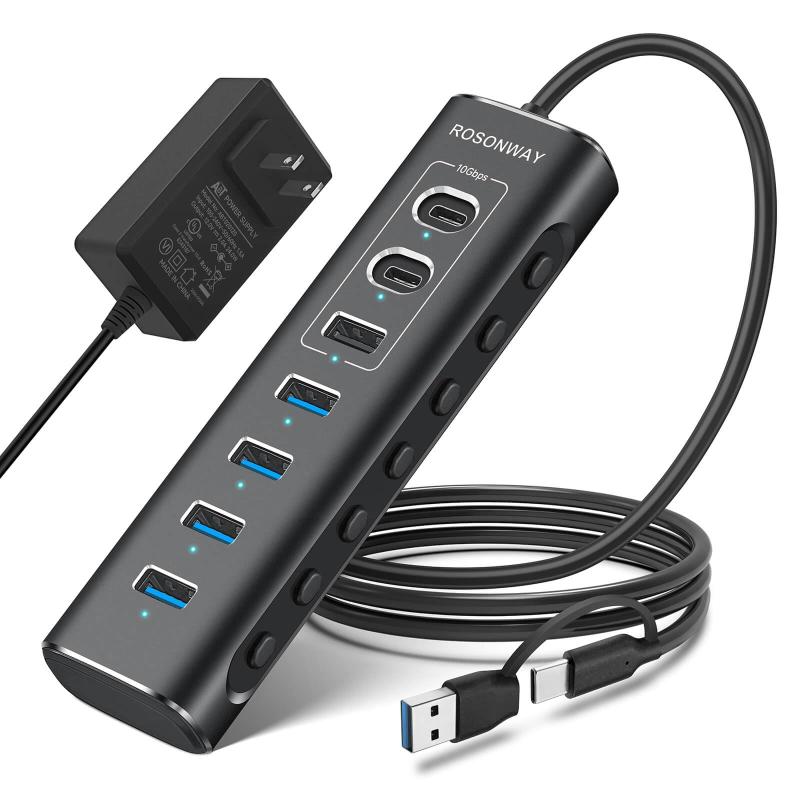 ROSONWAY USB ハブ10Gbps 7ポートUSB C 3.2x2 USB A 3.2x1 USB 3.0x4 2 in 1 ケーブル 付き アルミ製 USB HUB セルフパワーとバスパワー両用 12V 2A 電源 独立スイッチ付き(RSH-A