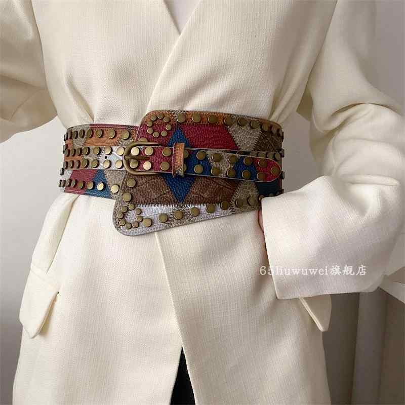 ベルト レディース 太 ウエストマーク バンド 装飾 アクセサリー バックル おしゃれ スーツ コート スカート PUレザー リベット 外出 普段使い マルチカ...