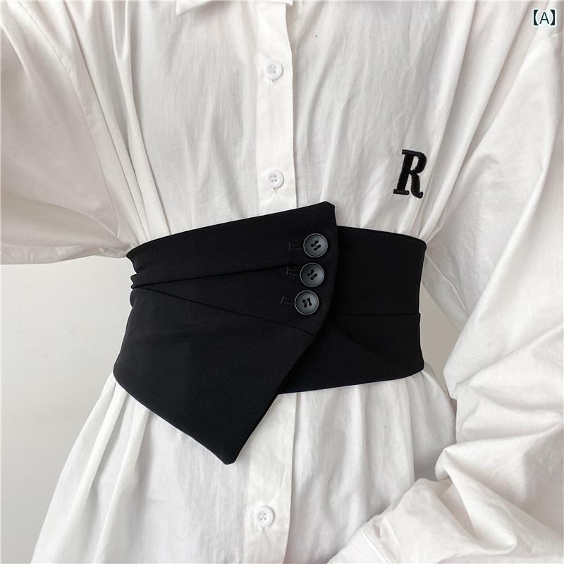 ベルト レディース 太 ウエストマーク バンド 装飾 アクセサリー おしゃれ スカート シャツ チュニック PUレザー ボタン お出かけ 黒 韓国