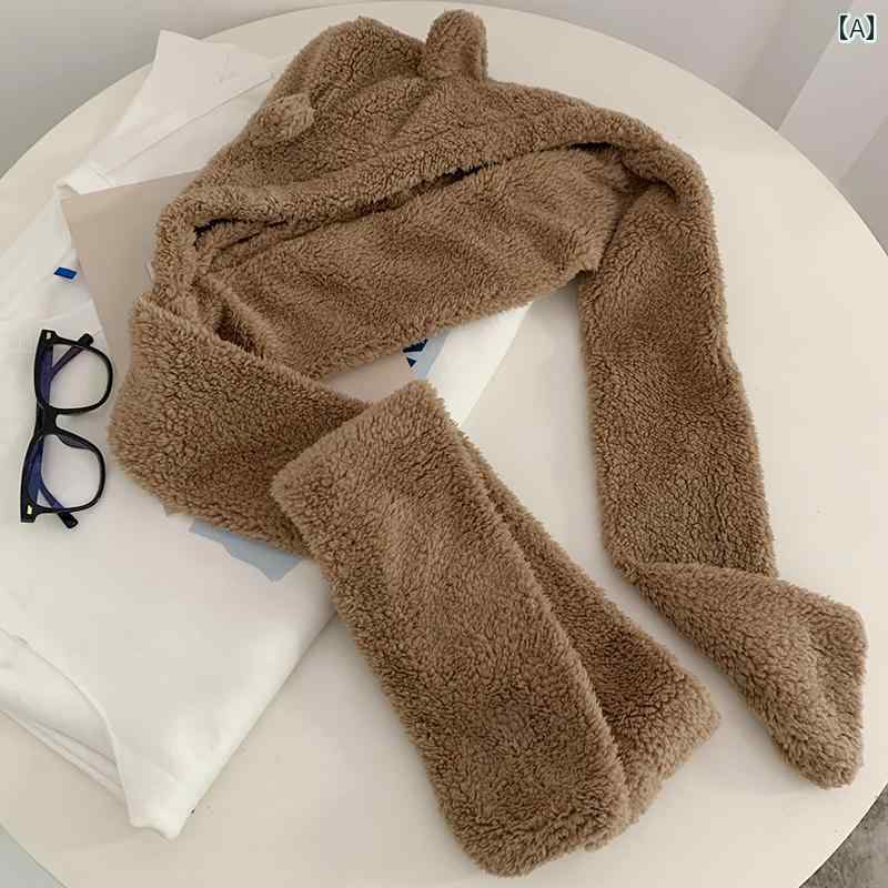 マフラー レディース 暖かい ニット 大人 女性用 女の子 冬 防寒 クマ 帽子 一体型 豪華 耳あて もこもこ 保温 厚手 柔らかい カジュアル お出かけ レジャー かわいい 茶色