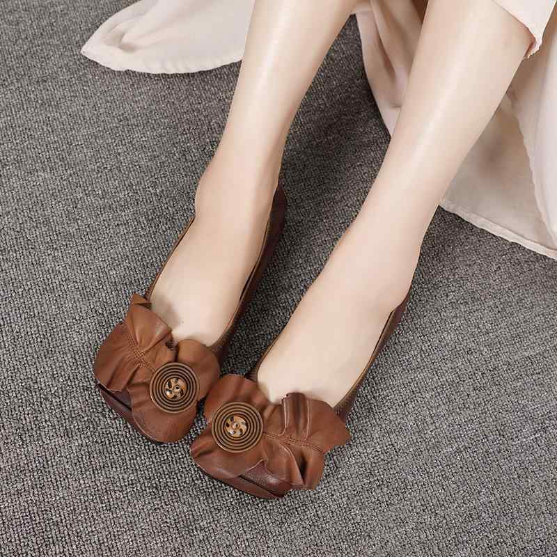 ローヒール パンプス 可愛い 女性 靴 牛革 ソフトソール 快適 パーティー シンプル ラウンドトゥ フラットシューズ ローファー フリル バックル 茶