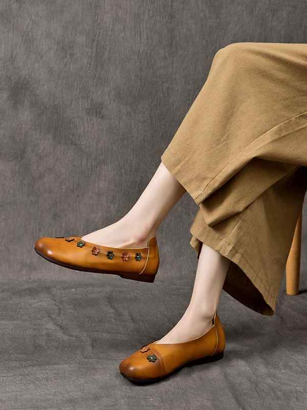 ローヒール パンプス 可愛い 春 花 牛革 シューズ ストラップ 快適 通気性 滑り止め 歩きやすい 普段使い カジュアル 女性 ソフト ソール ぺたんこ スクエアトゥ 緑 黄