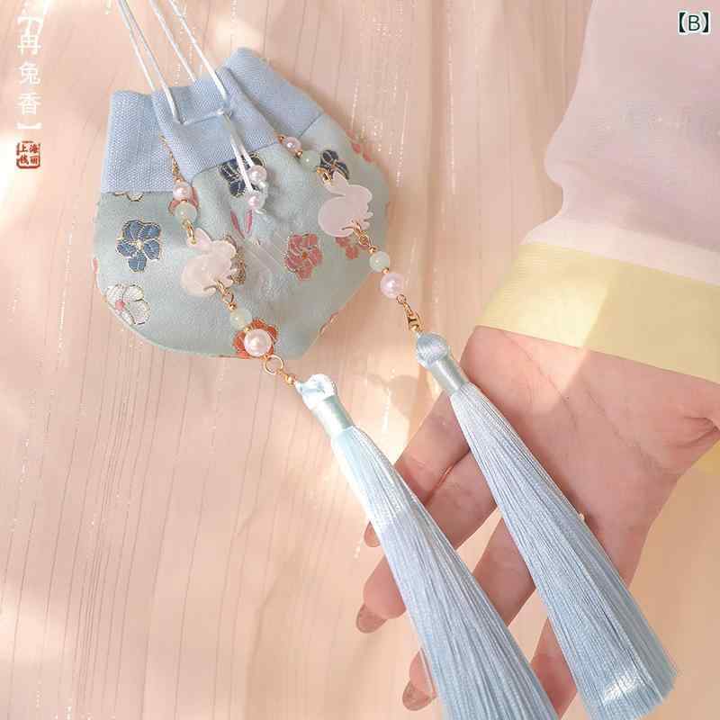 におい袋 レトロ 空袋 チャイナ風 携帯用 紐 ストラップ バッグチャーム ビーズ タッセル 漢服刺繡 花柄 うさぎ かわいい ピンク 青 緑 3