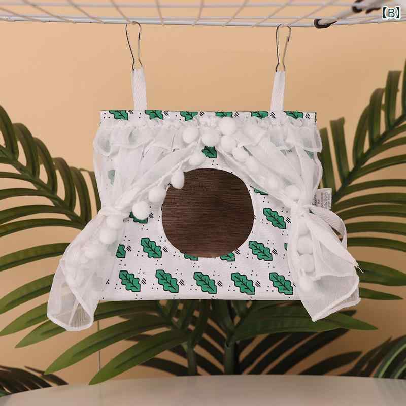 小動物 ハウス インコ オウム ペット用品 巣 寝床 大きめ 小さめ 立体 カーテン レース ポンポン クッション クローバー 葉模様 かわいい 2