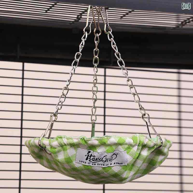 フロントップ楽天市場店の鳥用品 ペット オウム インコ 吊り下げ式 巣 スイング ブランコ 寝床 フック チェーン チェック柄 英文字ロゴ タグ 茶 緑 ピンク｜アングル3