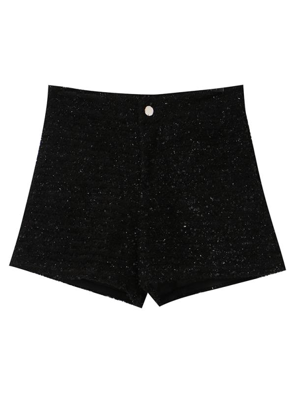 ツイード パンツ ショート レディース かわいい 秋冬 ウール 女性 ハイウエスト ワイドレッグ カジュアル ボトムス 韓国 ボタン ジップアップ ポケット 白 黒