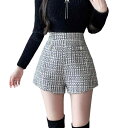 ツイード パンツ レディース かわいい 秋冬 春 フレンチス ハイウエスト 韓国 裏地 ボタン 装飾 フェイクポケット カジュアル 普段使い レジャー お出かけ 黒 ベージュ