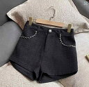 ツイード パンツ ショート レディース かわいい 秋冬 ワイドレッグ ゆったり ハイウエスト カジュアル ポケット ジップアップ チェーン 普段使い レジャー 黒 ベージュ