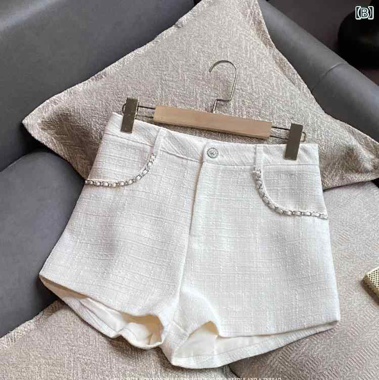 フロントップ楽天市場店のツイード パンツ ショート レディース かわいい 秋冬 ワイドレッグ ゆったり ハイウエスト カジュアル ポケット ジップアップ チェーン 普段使い レジャー 黒 ベージュ｜アングル2