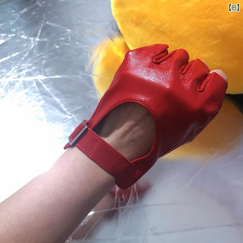 グローブ ショート 手袋 レディース レザー シープスキン マット 指なし 薄手 バックル 小物 イベント パーティー コスプレ ダンス マジックショー 衣装 ハロウィン 仮装 パンク ゴシック バイク サイクリング セクシー 黒 白 赤 スマホ対応