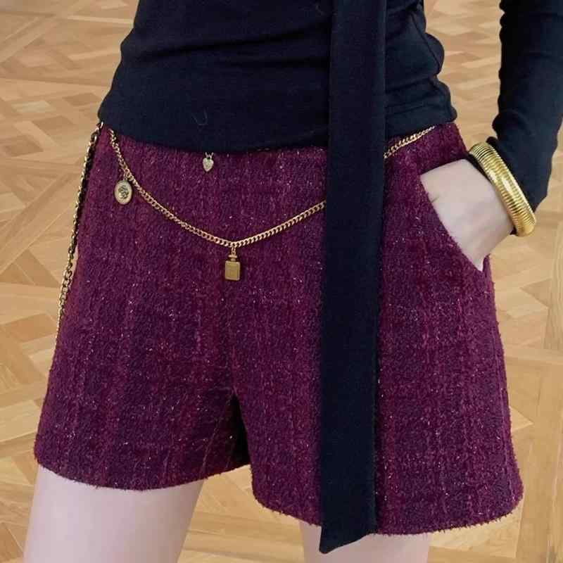 ツイード パンツ ショート レディース かわいい 秋冬 ウール レトロ ポケット 厚手 ハイウエスト 無地 シンプル カジュアル 普段使い レジャー お出かけ 赤