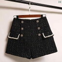 ツイード パンツ ショート レディース かわいい 秋冬 ダブルブレスト スパンコール ワイドレッグ ハイウエスト Aライン ウール ボトム 韓国 普段使い レジャー 黒