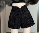 ツイード パンツショート レディース かわいい 秋冬 スパンコール ハイウエスト 厚手 カジュアル ワイドレッグ Aライン ジップアップ フェイクポケット 韓国 普段使い レジャー 黒