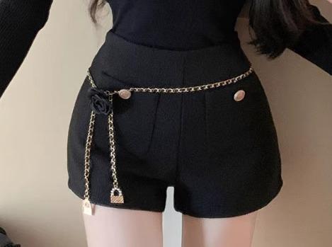 ツイード パンツ ショート レディース かわいい 秋冬 女性 ハイウエスト Aライン ウール ボタン 装飾 ポケット コットン カジュアル 普段使い レジャー お出かけ 黒 白