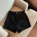 ツイード パンツ ショート レディース かわいい 秋冬 薄手 ハイウエスト ワイドレッグ 女性用 韓国 ジップアップ ボタン 装飾 カジュアル 普段使い レジャー お出かけ 黒 白