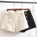 ツイード パンツ ショート レディース かわいい 秋冬 ハイウエスト スパンコール ワイドレッグ 女性 ダブルブレスト Aライン ジップアップ ボタン 装飾 カジュアル 普段使い レジャー 黒 白