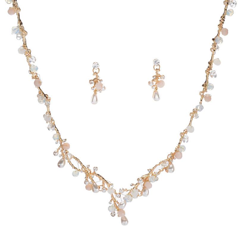 ウエディング アクセサリー 新婦 ドレス用 合金 ネックレス ピアス イヤリング セット クリスタル パール ビーズ 韓国 上品 おしゃれ 揺れる パーティー シルバー ゴールド チェーン