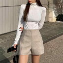 ツイード パンツ ショート レディース かわいい 秋冬 ウール ハイウエスト ルーズ Aライン カジュアル 韓国 ポケット 普段使い レジャー お出かけ 無地 シンプル 白 ベージュ グレー