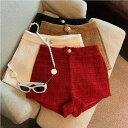 ツイード パンツ ショート レディース かわいい 秋冬 女性 ハイウエスト ジップアップ ボタン 装飾 ポケット 厚手 プリーツ 普段使い お出かけ レジャー 無地 シンプル 黒 白 赤
