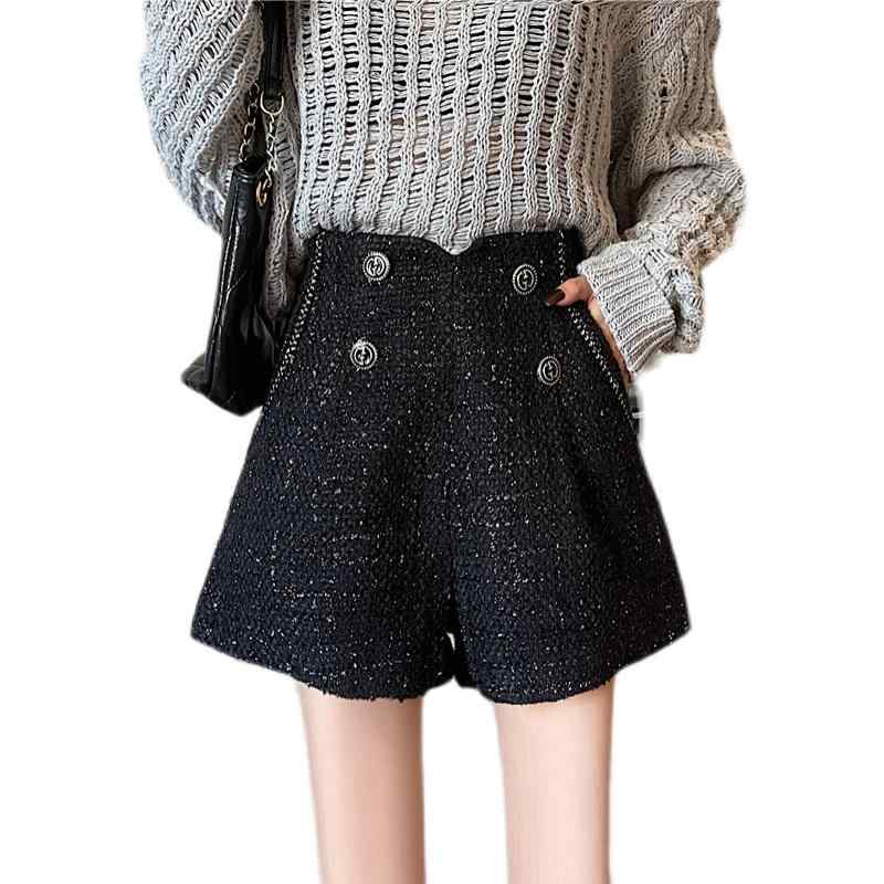 ツイード パンツ ショート レディース かわいい 秋冬 女性 大きいサイズ ハイウエスト ゆったり ワイドレッグ ポケット ボタン 装飾 普段使い レジャー お出かけ 黒