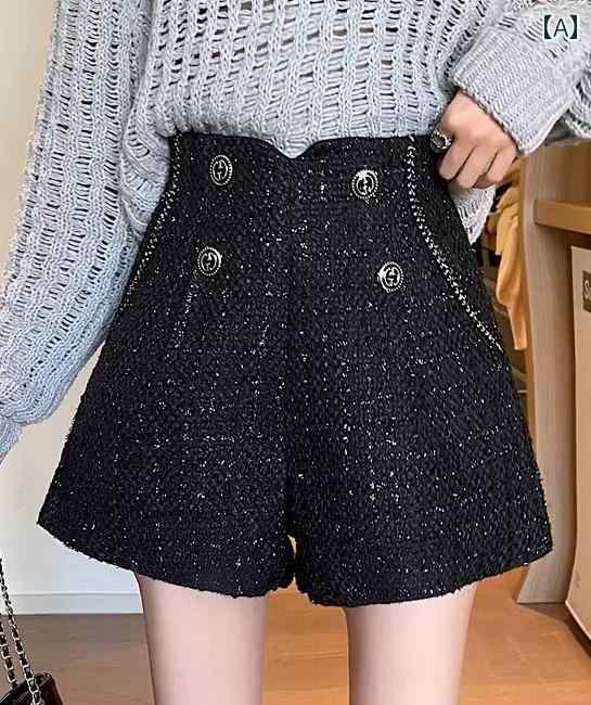 フロントップ楽天市場店のツイード パンツ ショート レディース かわいい 秋冬 女性 大きいサイズ ハイウエスト ゆったり ワイドレッグ ポケット ボタン 装飾 普段使い レジャー お出かけ 黒｜アングル2