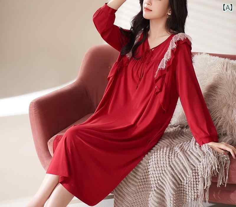 ナイトウェア レディース 春秋 長袖 薄手 部屋着 ネグリジェ パジャマ ミディ丈 ワンピース フリル レ..