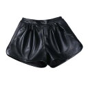 レザーショートパンツ 大人 レディース 大きいサイズ ゆったり ウエストゴム ポケット 羊革 Aライン 伸縮性 体型カバー 普段使い 外出用 シンプル 無地 おしゃれ 黒