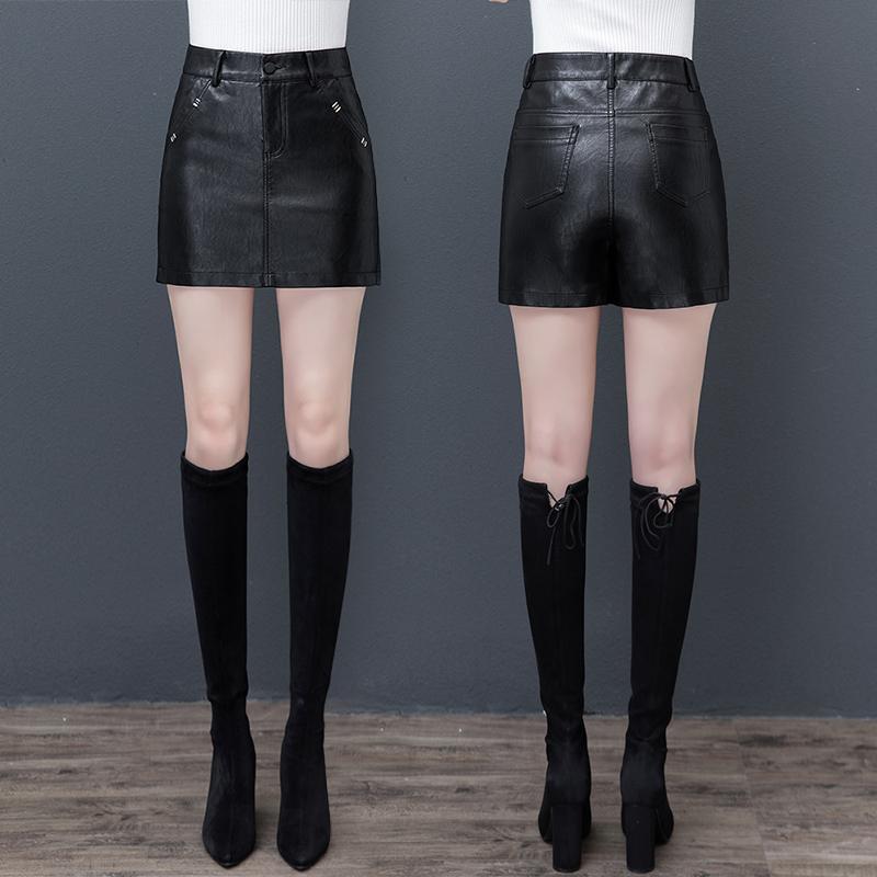 レザーショートパンツ 大人 レディース 大きいサイズ ボタン ポケット ジッパー PU 秋冬 ハイウエスト ..