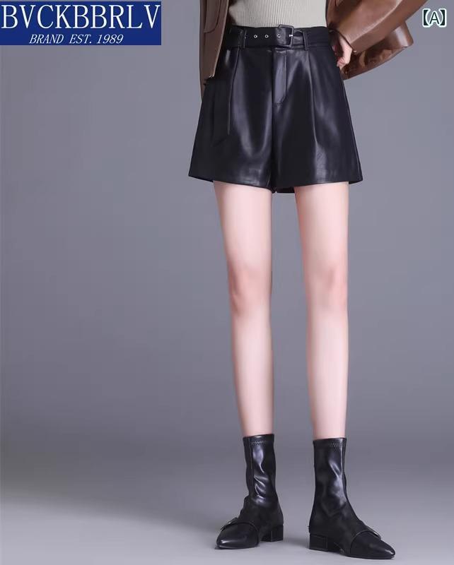 レザーショートパンツ 大人 レディース 大きいサイズ ゆったり ピンバックル ベルト ハイウエスト ジッ..