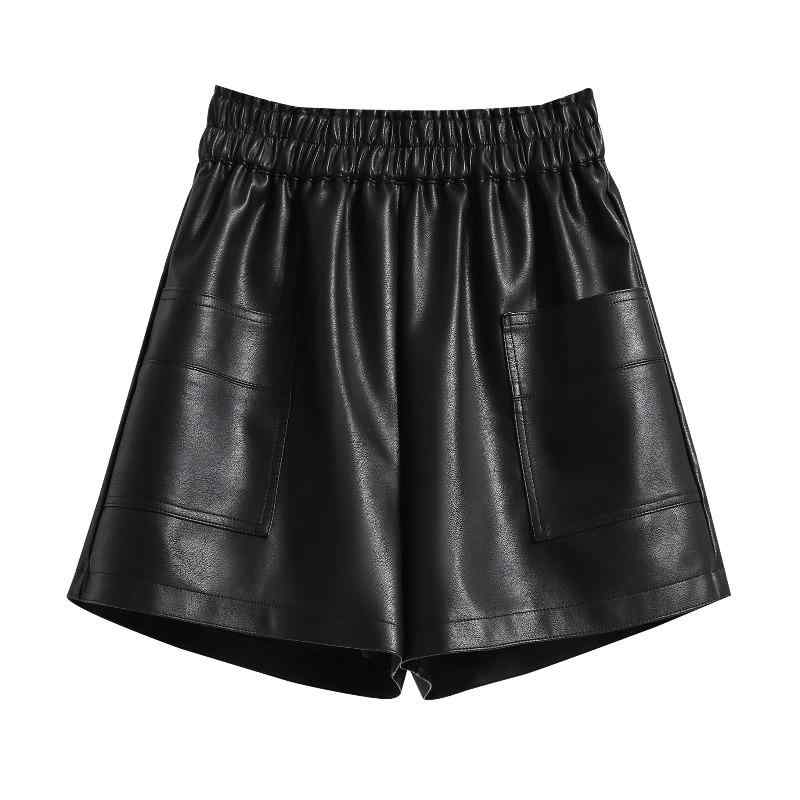 レザーショートパンツ 大人 レディース 大きいサイズ ゆったり ウエストゴム ポケット Aライン ワイド 体型カバー PU 普段使い 外出用 シンプル 無地 おしゃれ 黒 茶