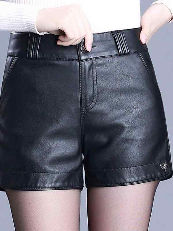 Other - レザーショートパンツ 大人 レディース 大きいサイズ 韓国 PU 秋冬 スリムフィット ハイウエスト ボタン ポケット ゴム スリット シンプル 無地 おしゃれ 黒